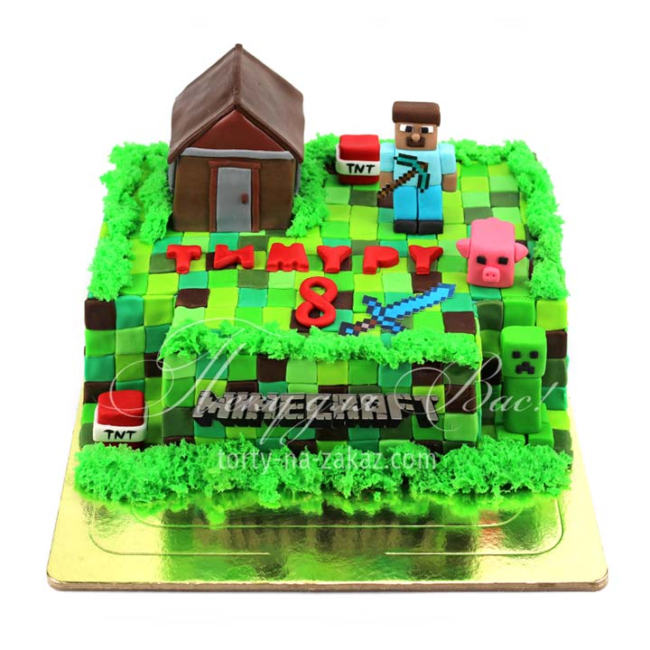 Торт детский мастичный на тему видеоигры «Майнкрафт»