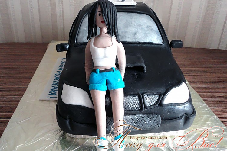 Торт - автомобиль - субару с девушкой на капоте - вид спереди