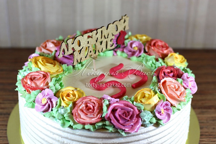 Торт праздничный кремовый цветочный «Любимой маме» Фото 2