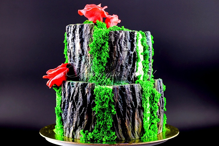 Торт праздничный мастичный двухъярусный, декорированный корой, мхом и цветами