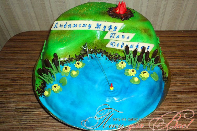 Праздничный мужской торт для рыбака - рыбалка на озере