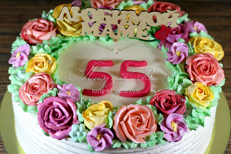 Торт праздничный кремовый цветочный «Любимой маме» Фото 3